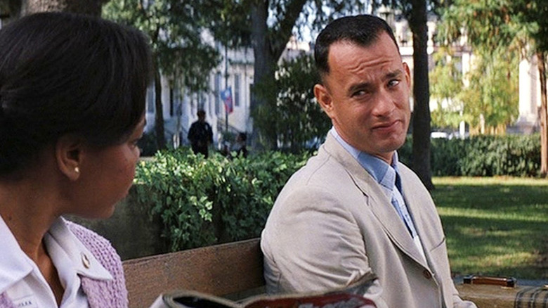 tom hanks on a wooden bench