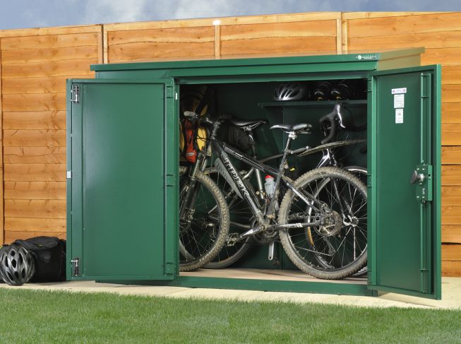 bike storage unit in a garden