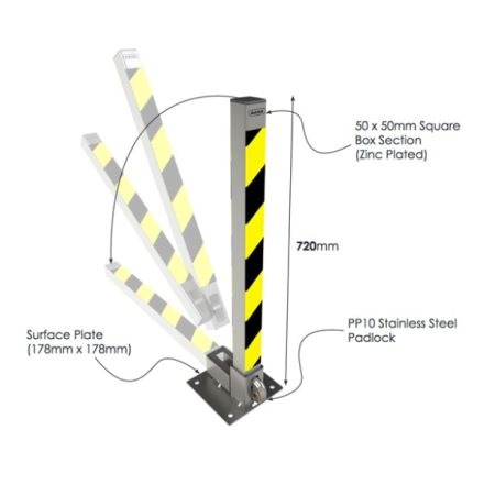 A fold-down security post graphic showing measurements and how it folds down.