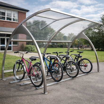 Arched cycle shelter for schools and workplace bicycle storage