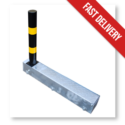 Black and yellow parking post with ground 'coffin' fitting.