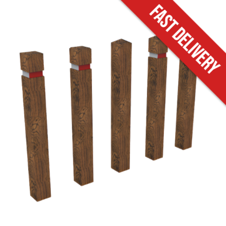 graphic of five Iroko hardwood bollards with reflective bands around the top section.