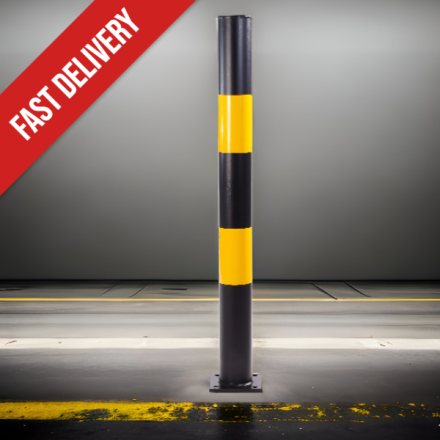 Bolt down service yard bollard with yellow and black hoops.